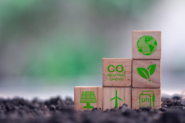Green business and sustainable development. Wooden cubes with clean energy icon on soin.