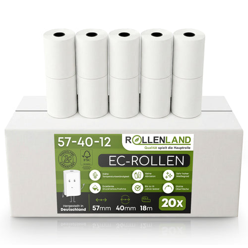 Carton de 20 rouleaux EC 57x40x12, 18 m, sans bisphénol A (BPA), avec empreinte prélèvement SEPA.