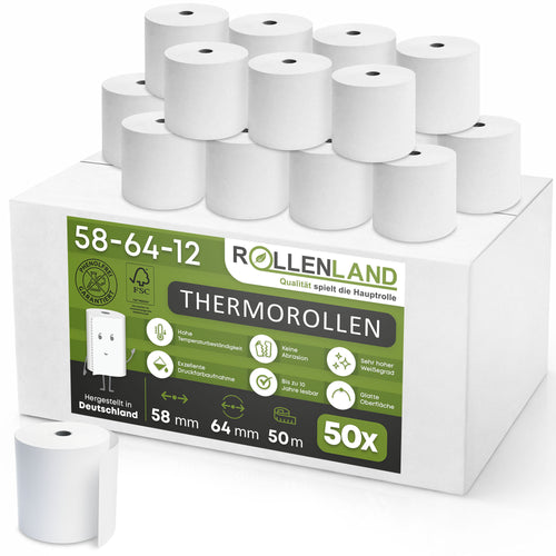 Carton de 50 rouleaux thermiques 58x64x12, 50 m, sans bisphénol-A (BPA)
