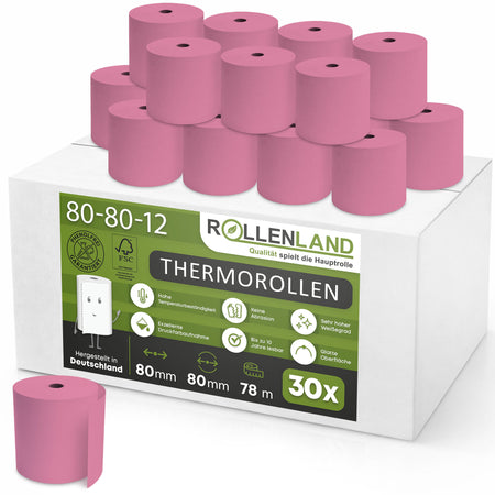 30 rouleaux thermiques colorés 80x80x12, 78 m, 55g, sans bisphénol-A (BPA), rose