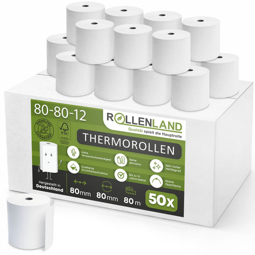 Carton de 50 rouleaux thermiques 80x80x12, 80 m sans bisphénol-A (BPA), 48g/m²