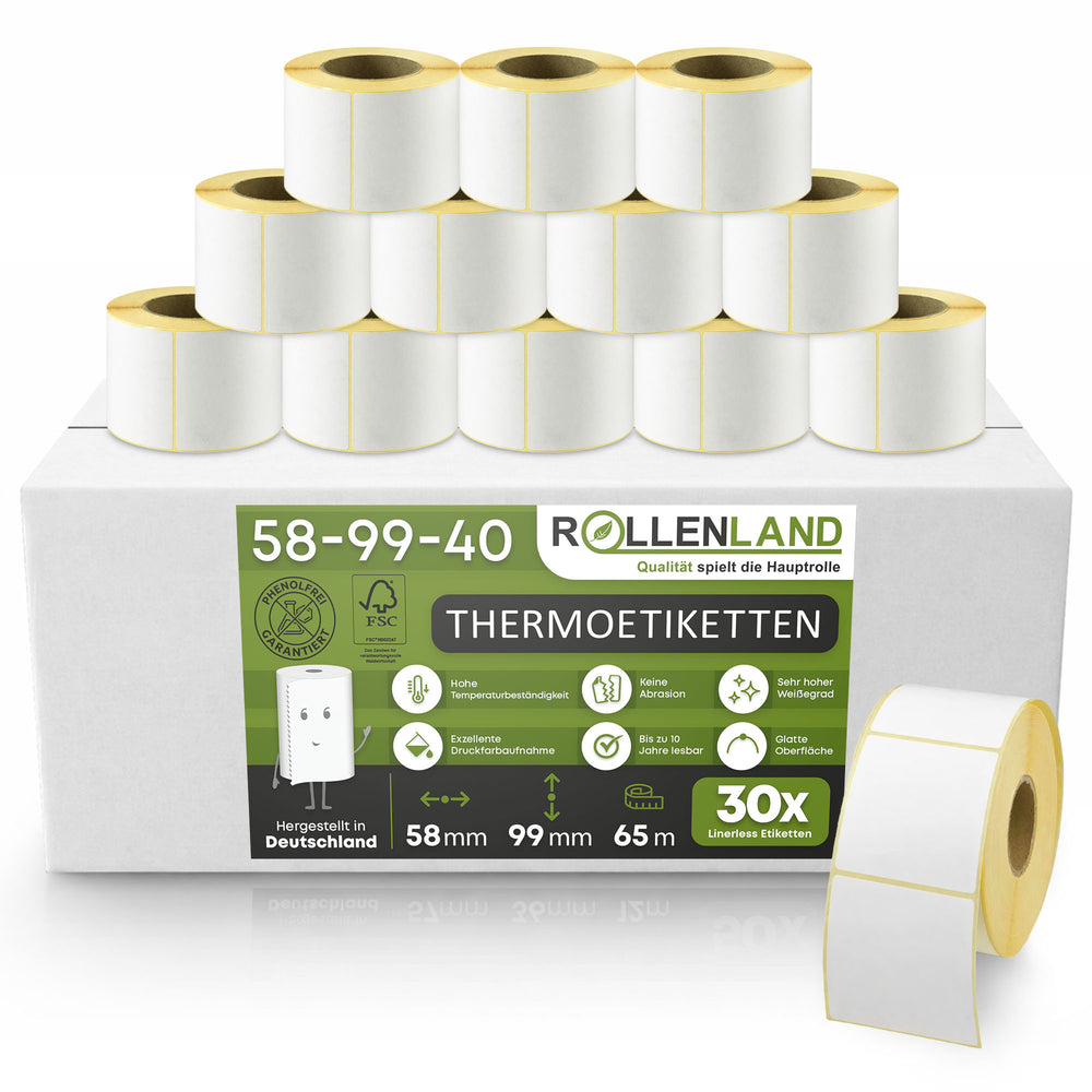 Étiquettes thermiques Linerless 58x99x40, 65 m, 30 rouleaux
