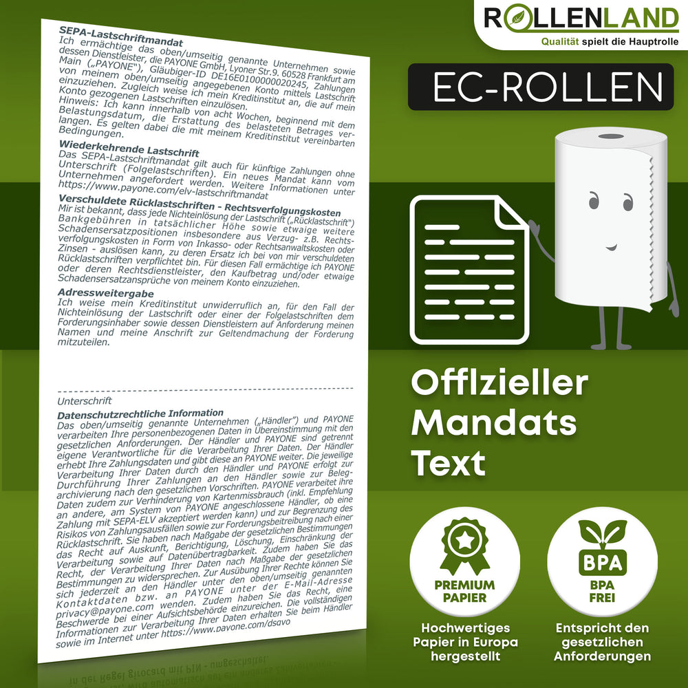 20 rouleaux EC 57x30x12, 10 m, sans BPA, avec impression de débit PAYONE