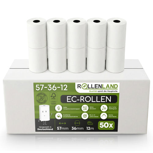 Carton de 50 rouleaux EC 57x36x12, 12 m sans BPA, avec empreinte prélèvement SEPA.